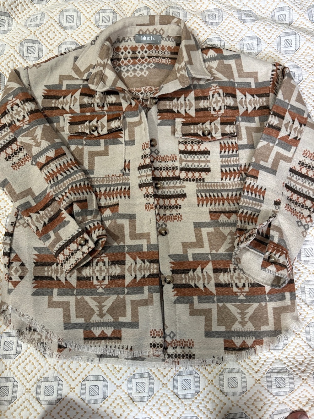 Aztec Print Button-Front Shacket in Beige and Brown by Blue B. Collection